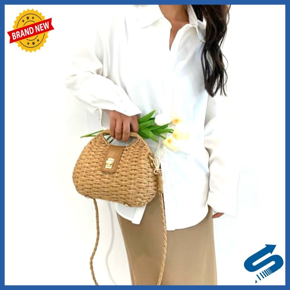 Straw Woven Crossbody Bag Dumpling Shape Retro Chic Summer Beach Purse - Picture 3 of 7